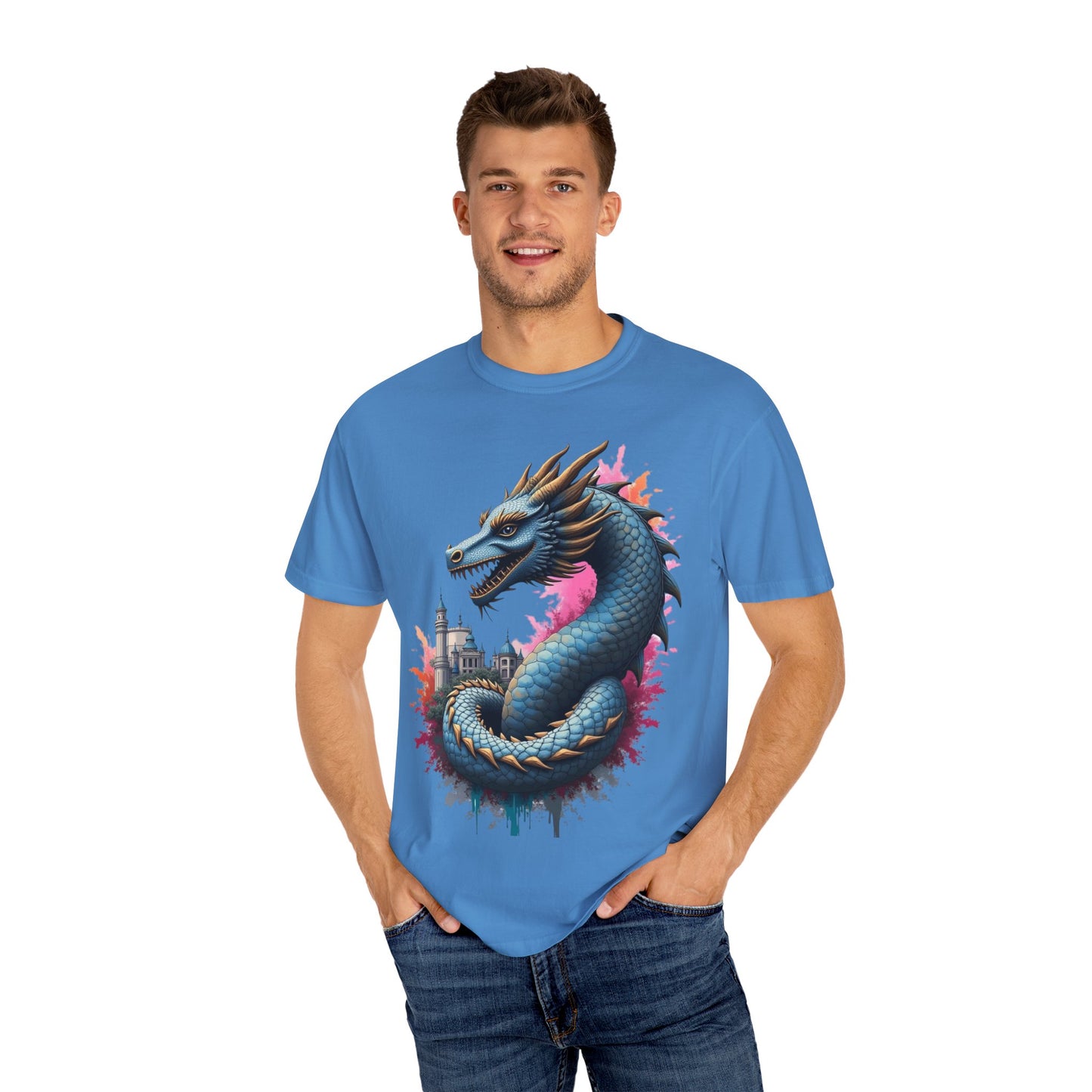 Fantasy Dragon Graphic Unisex T-Shirt - Colorful Castle Design