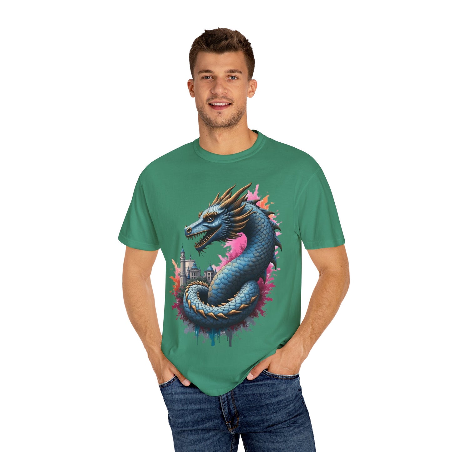 Fantasy Dragon Graphic Unisex T-Shirt - Colorful Castle Design
