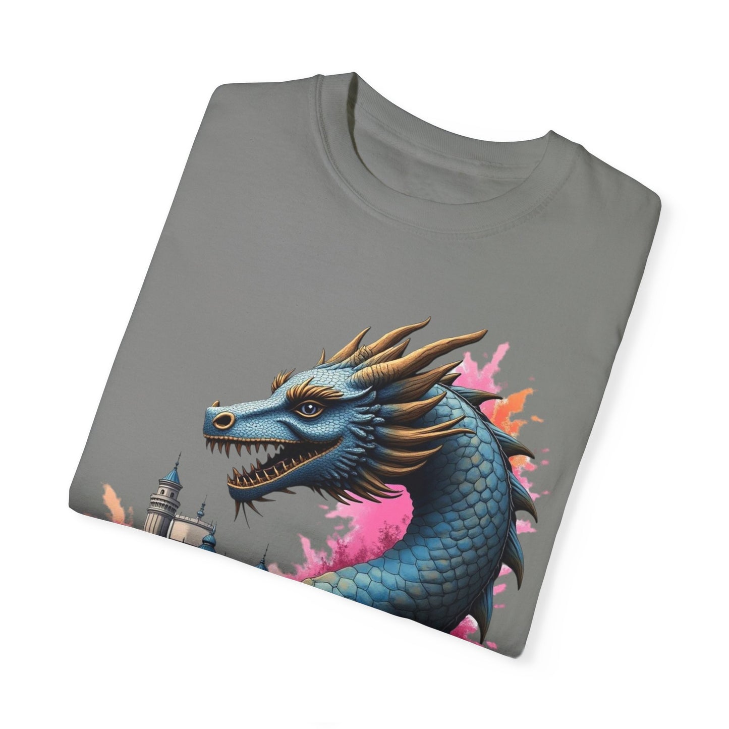 Fantasy Dragon Graphic Unisex T-Shirt - Colorful Castle Design