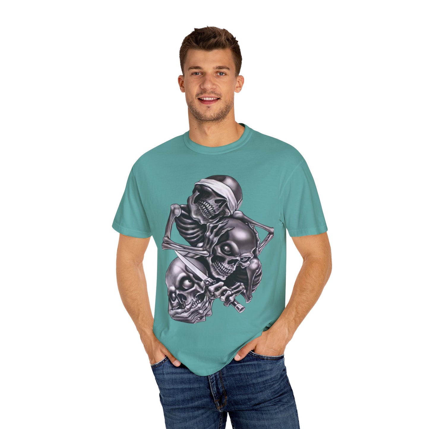 Unisex Garment-Dyed T-Shirt with Skull Design -hear no evil speak no evil see no evil- Edgy Streetwear for Halloween and Everyday