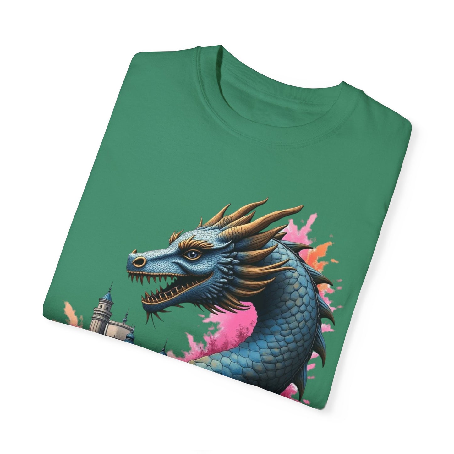Fantasy Dragon Graphic Unisex T-Shirt - Colorful Castle Design