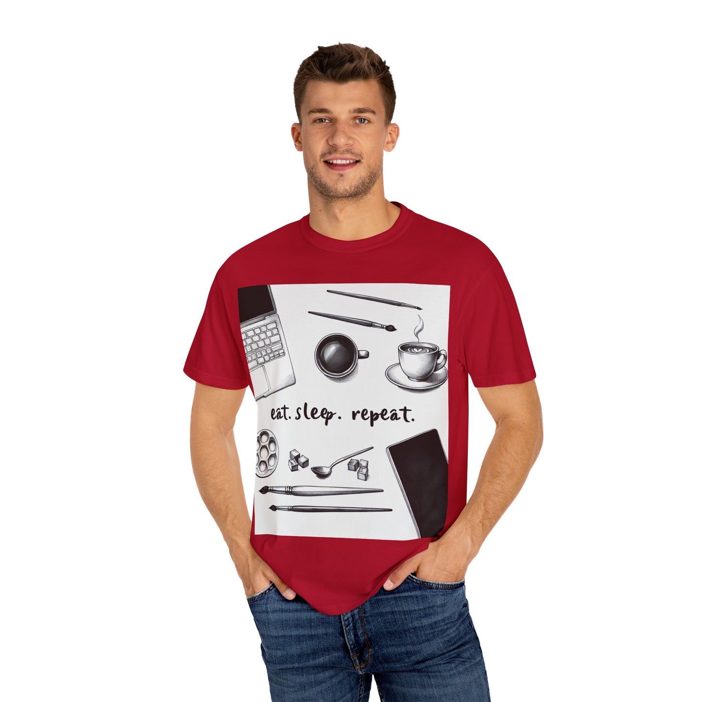 Unisex Garment-Dyed T-Shirt - Eat Sleep Repeat Coffee & Creativity Design