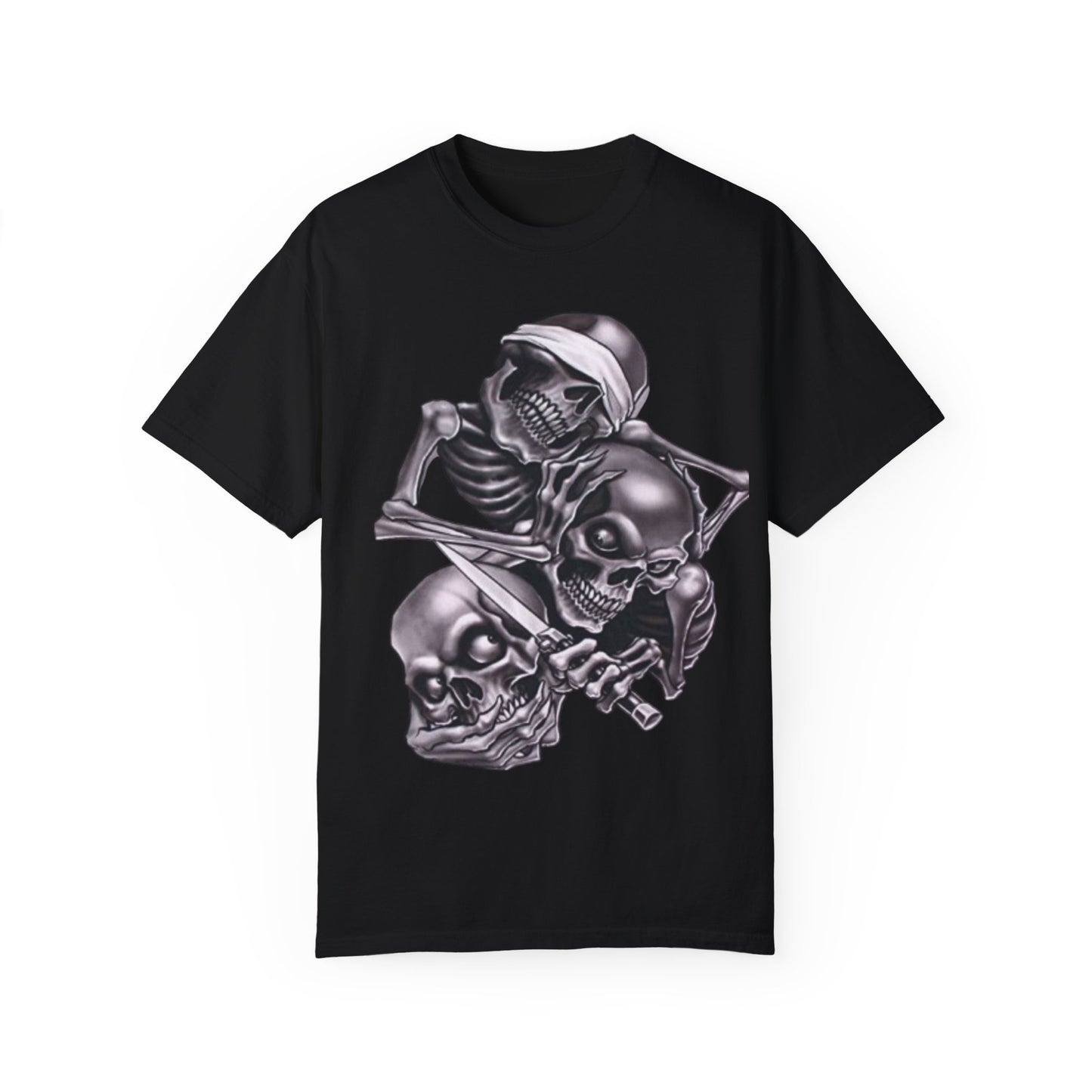 Unisex Garment-Dyed T-Shirt with Skull Design -hear no evil speak no evil see no evil- Edgy Streetwear for Halloween and Everyday
