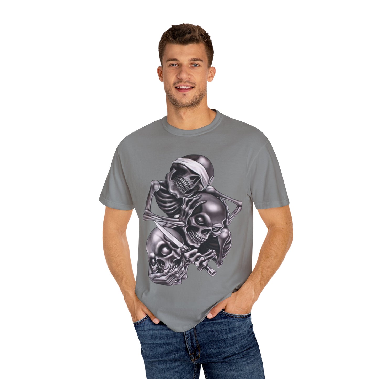 Unisex Garment-Dyed T-Shirt with Skull Design -hear no evil speak no evil see no evil- Edgy Streetwear for Halloween and Everyday