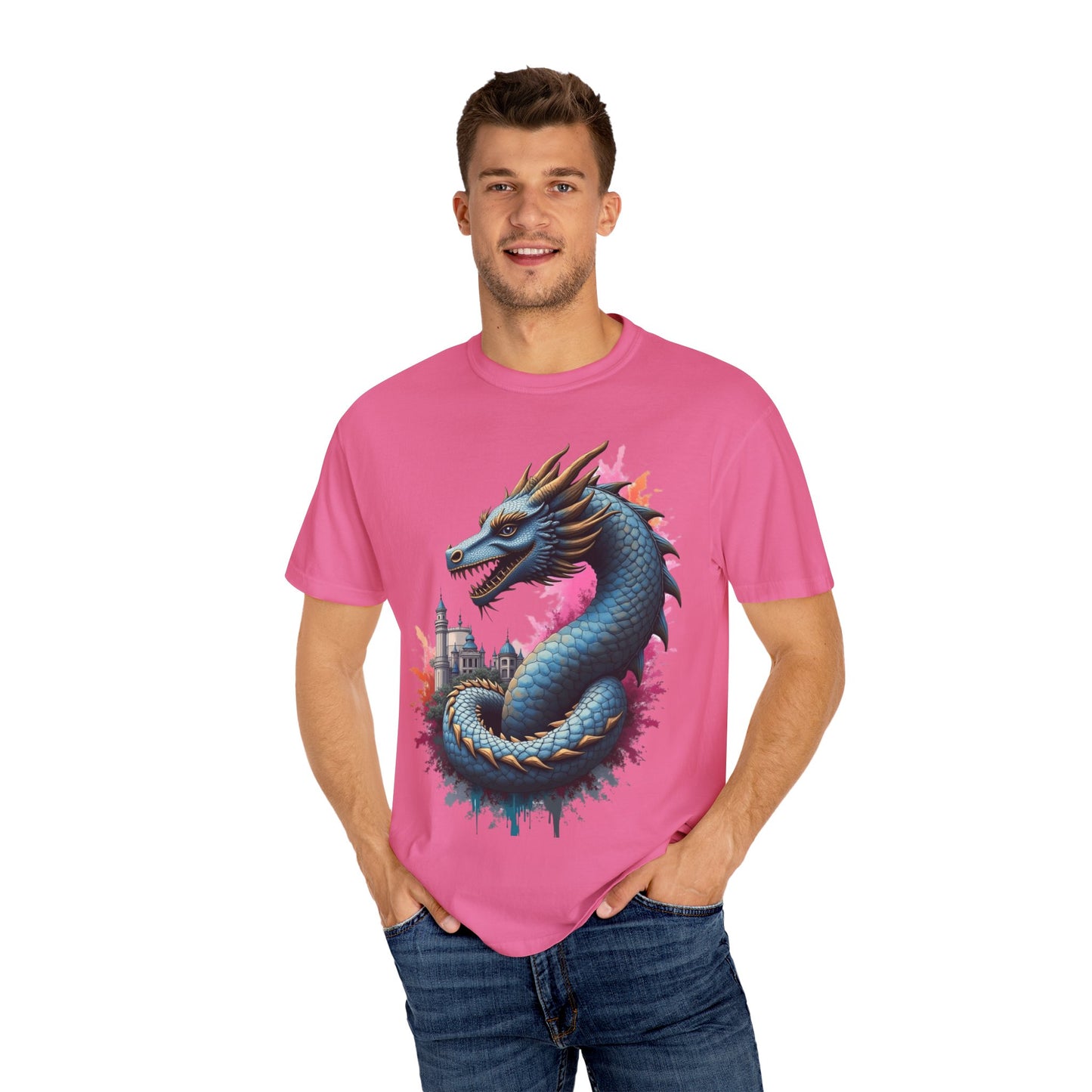 Fantasy Dragon Graphic Unisex T-Shirt - Colorful Castle Design