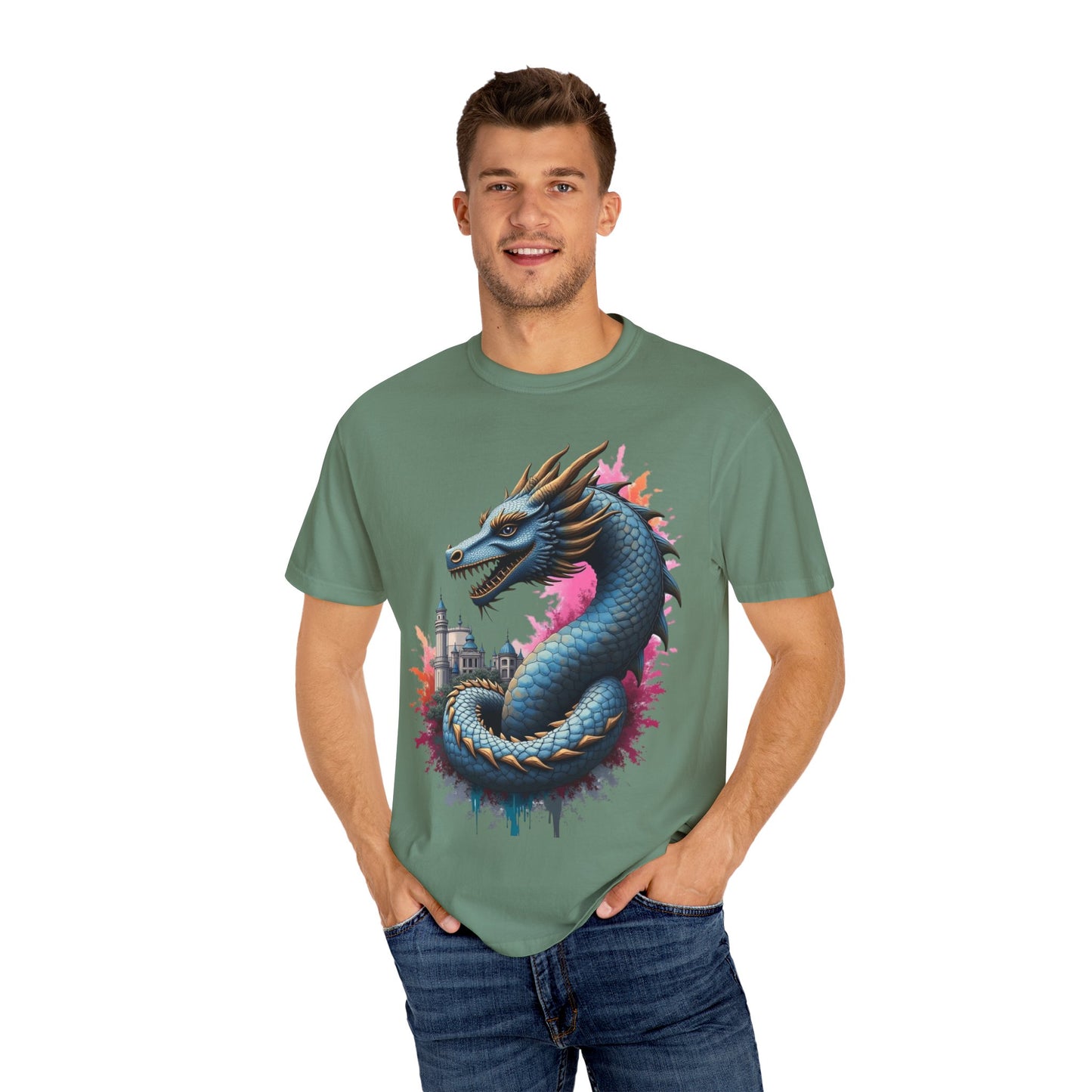 Fantasy Dragon Graphic Unisex T-Shirt - Colorful Castle Design