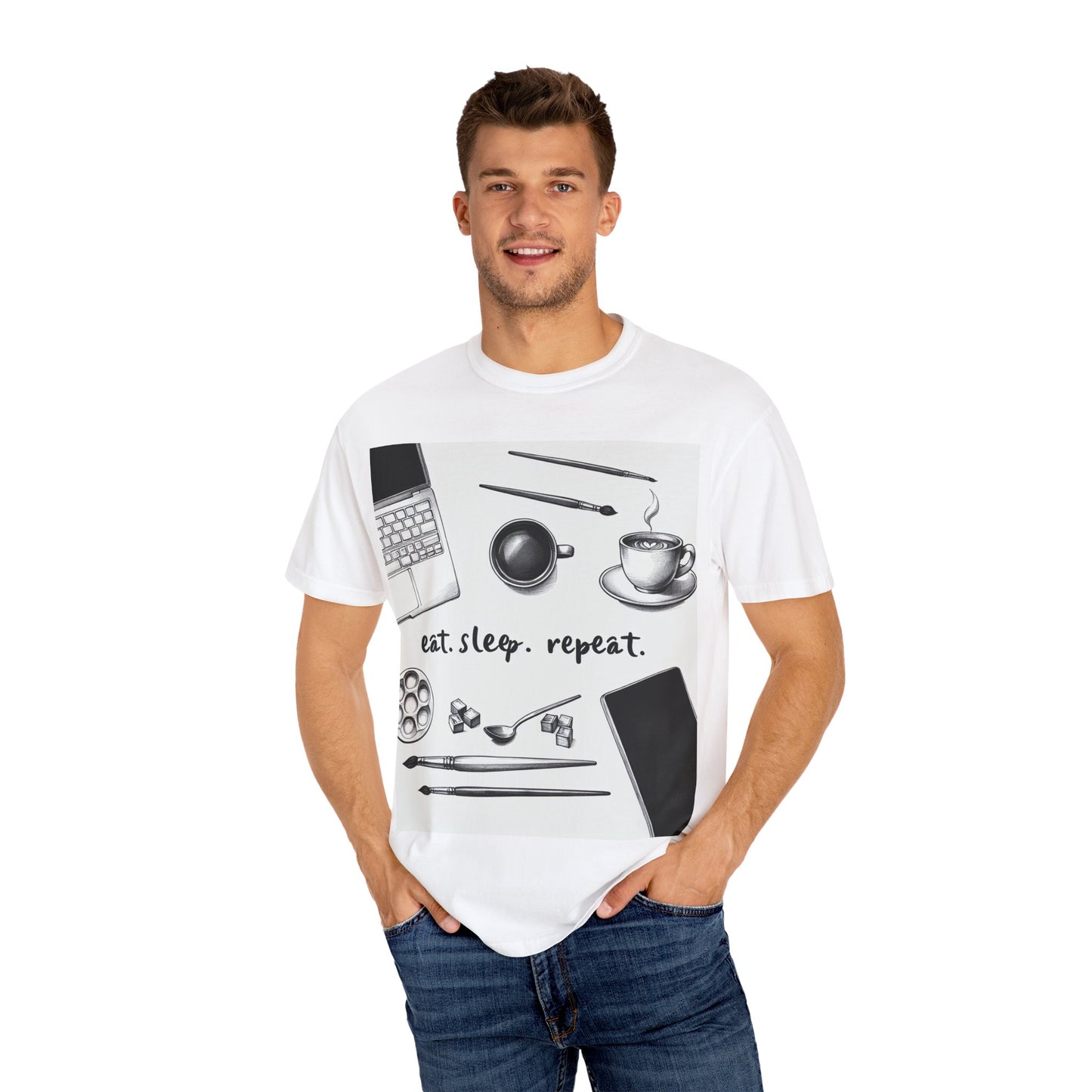 Unisex Garment-Dyed T-Shirt - Eat Sleep Repeat Coffee & Creativity Design