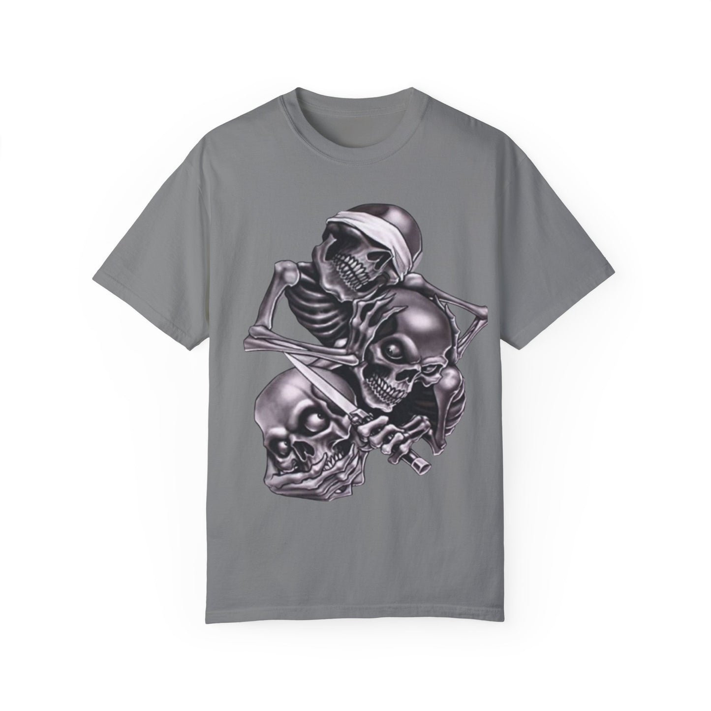Unisex Garment-Dyed T-Shirt with Skull Design -hear no evil speak no evil see no evil- Edgy Streetwear for Halloween and Everyday