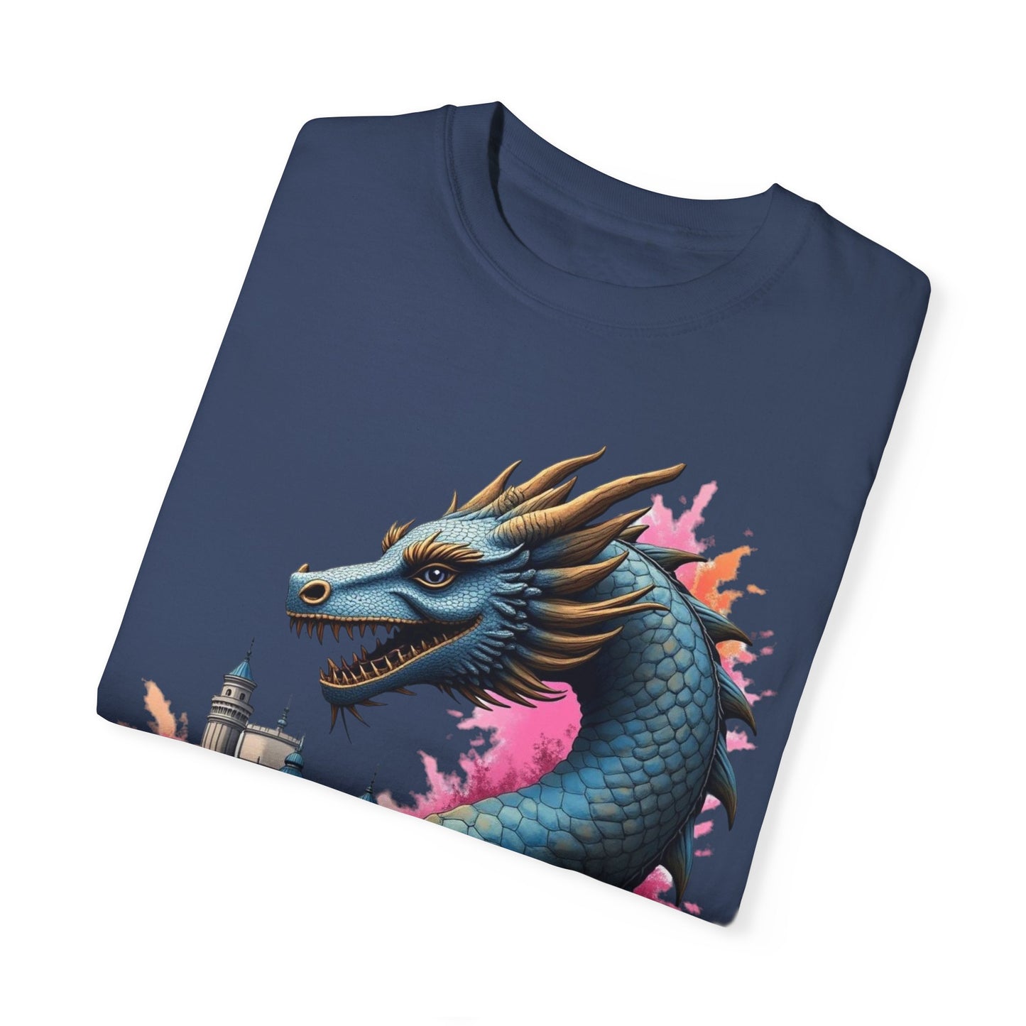 Fantasy Dragon Graphic Unisex T-Shirt - Colorful Castle Design