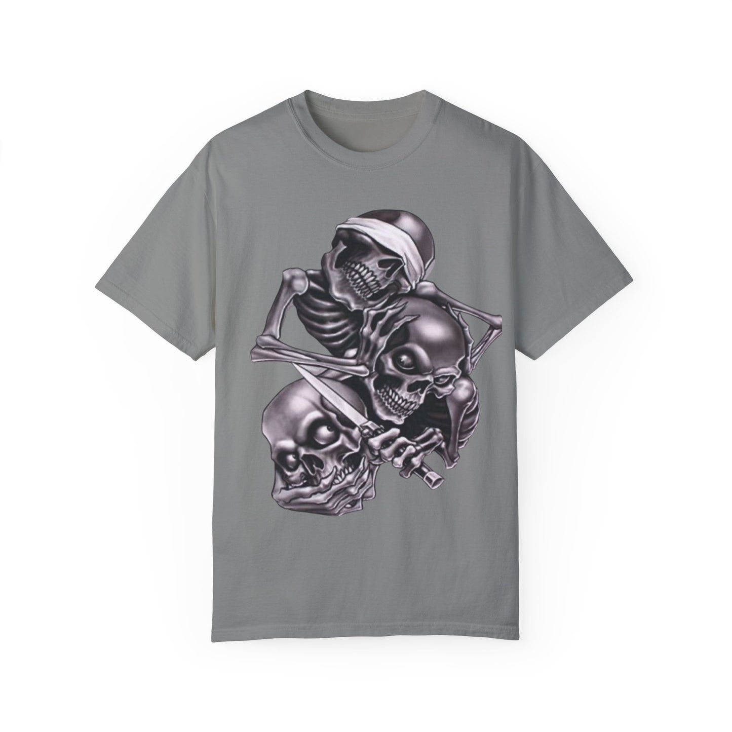 Unisex Garment-Dyed T-Shirt with Skull Design -hear no evil speak no evil see no evil- Edgy Streetwear for Halloween and Everyday