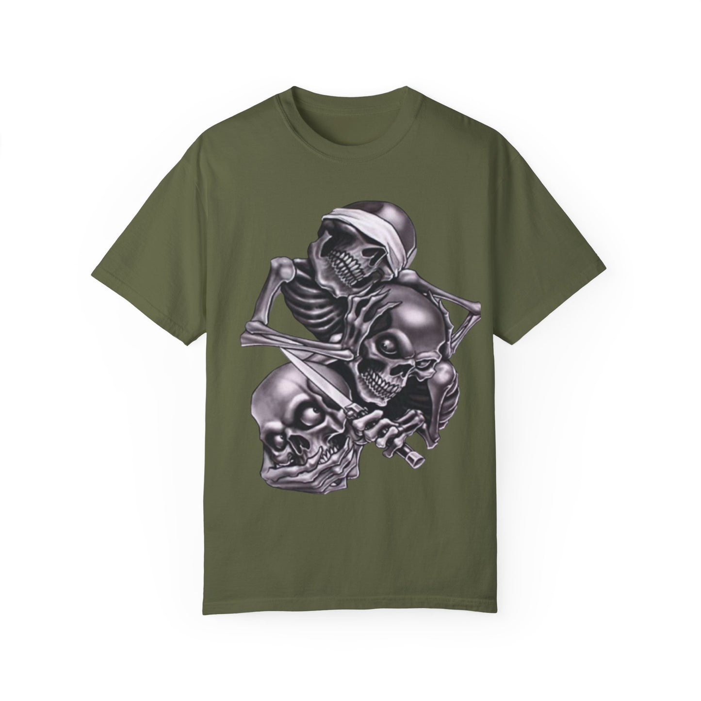 Unisex Garment-Dyed T-Shirt with Skull Design -hear no evil speak no evil see no evil- Edgy Streetwear for Halloween and Everyday