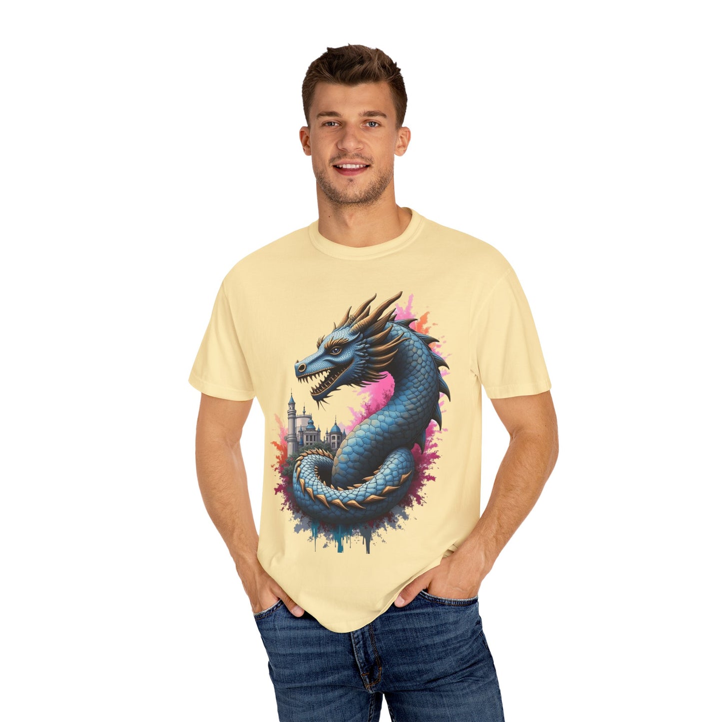 Fantasy Dragon Graphic Unisex T-Shirt - Colorful Castle Design