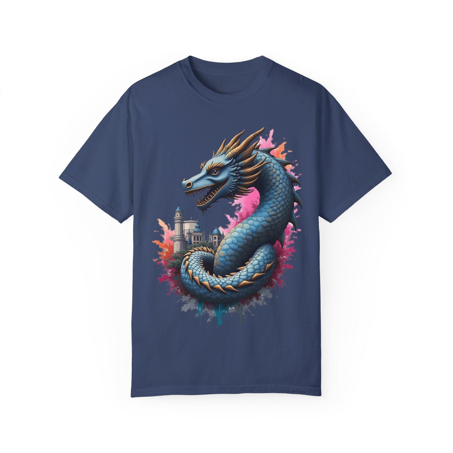 Fantasy Dragon Graphic Unisex T-Shirt - Colorful Castle Design