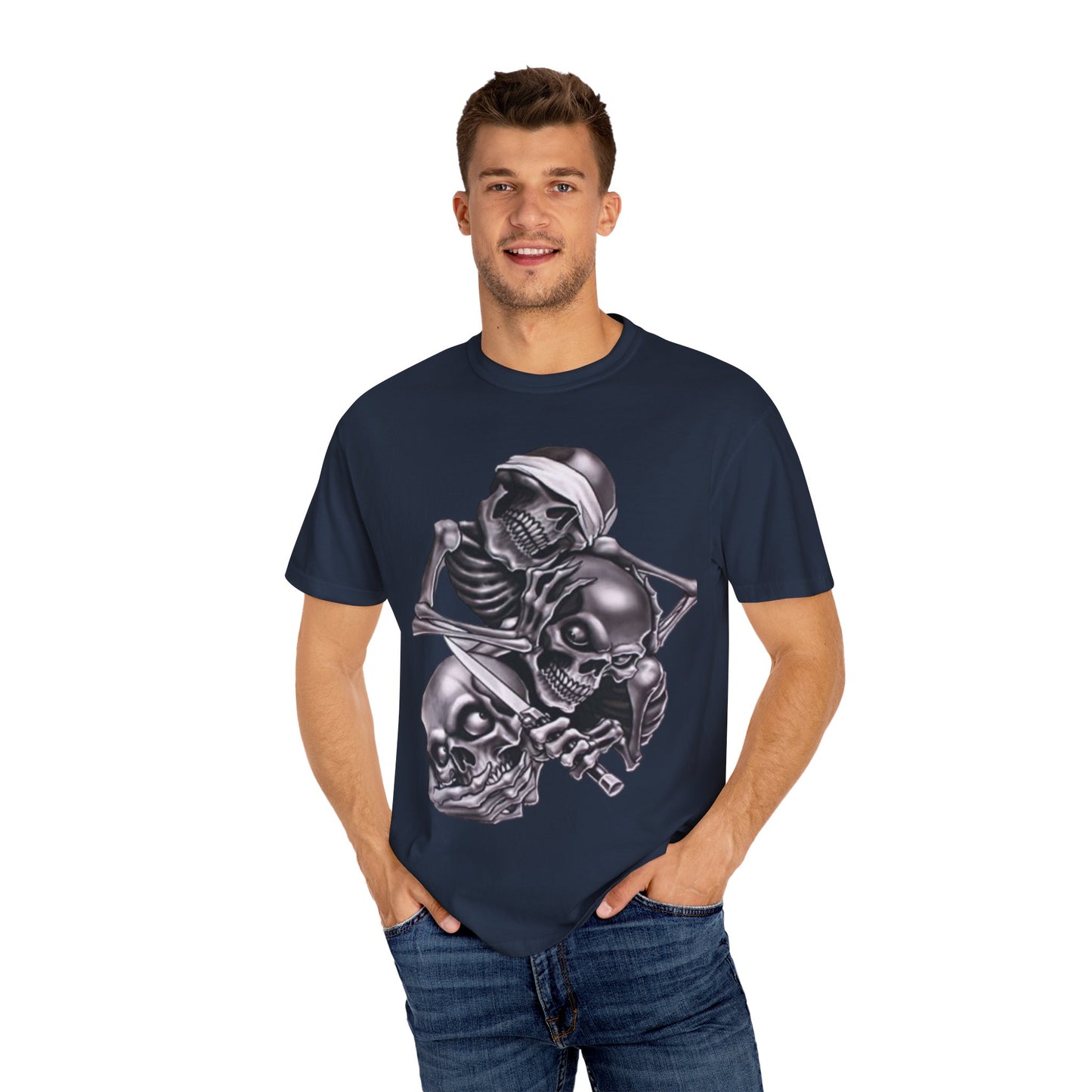 Unisex Garment-Dyed T-Shirt with Skull Design -hear no evil speak no evil see no evil- Edgy Streetwear for Halloween and Everyday