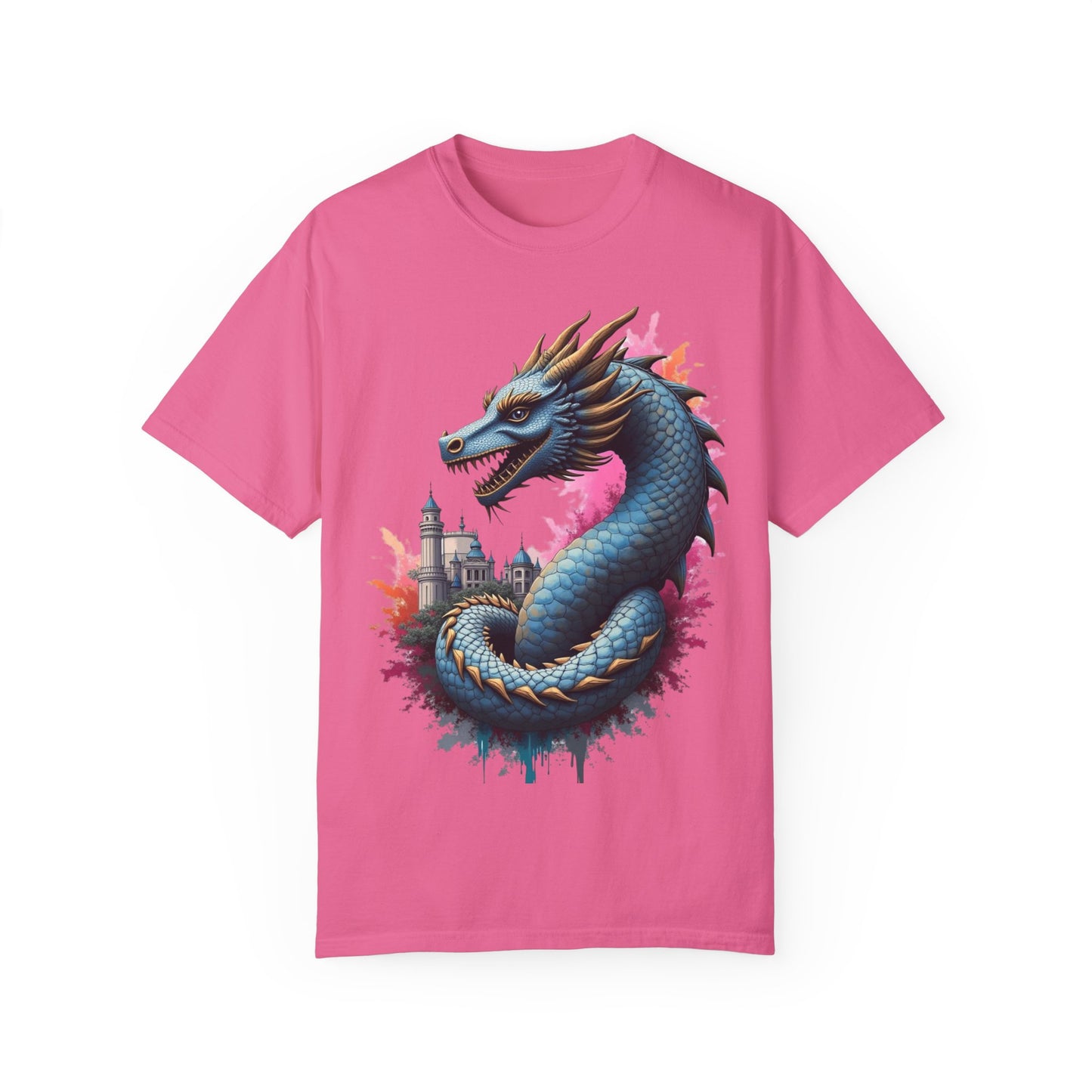 Fantasy Dragon Graphic Unisex T-Shirt - Colorful Castle Design