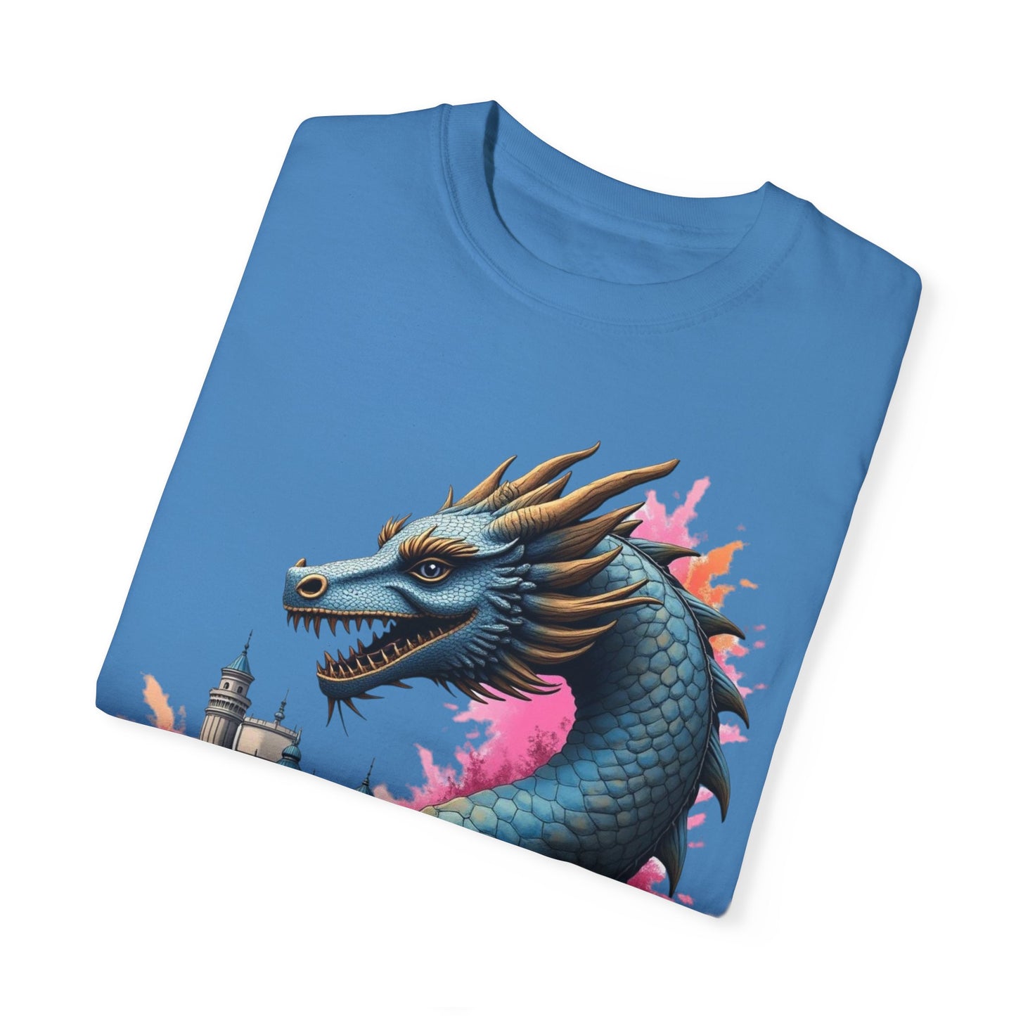 Fantasy Dragon Graphic Unisex T-Shirt - Colorful Castle Design