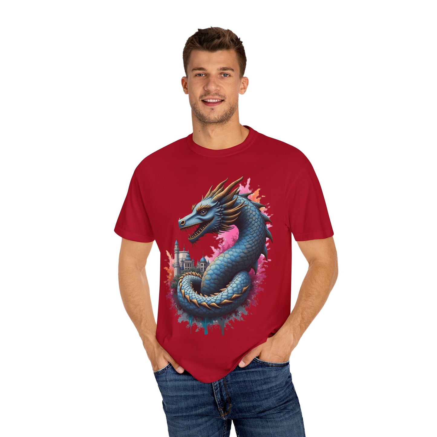 Fantasy Dragon Graphic Unisex T-Shirt - Colorful Castle Design