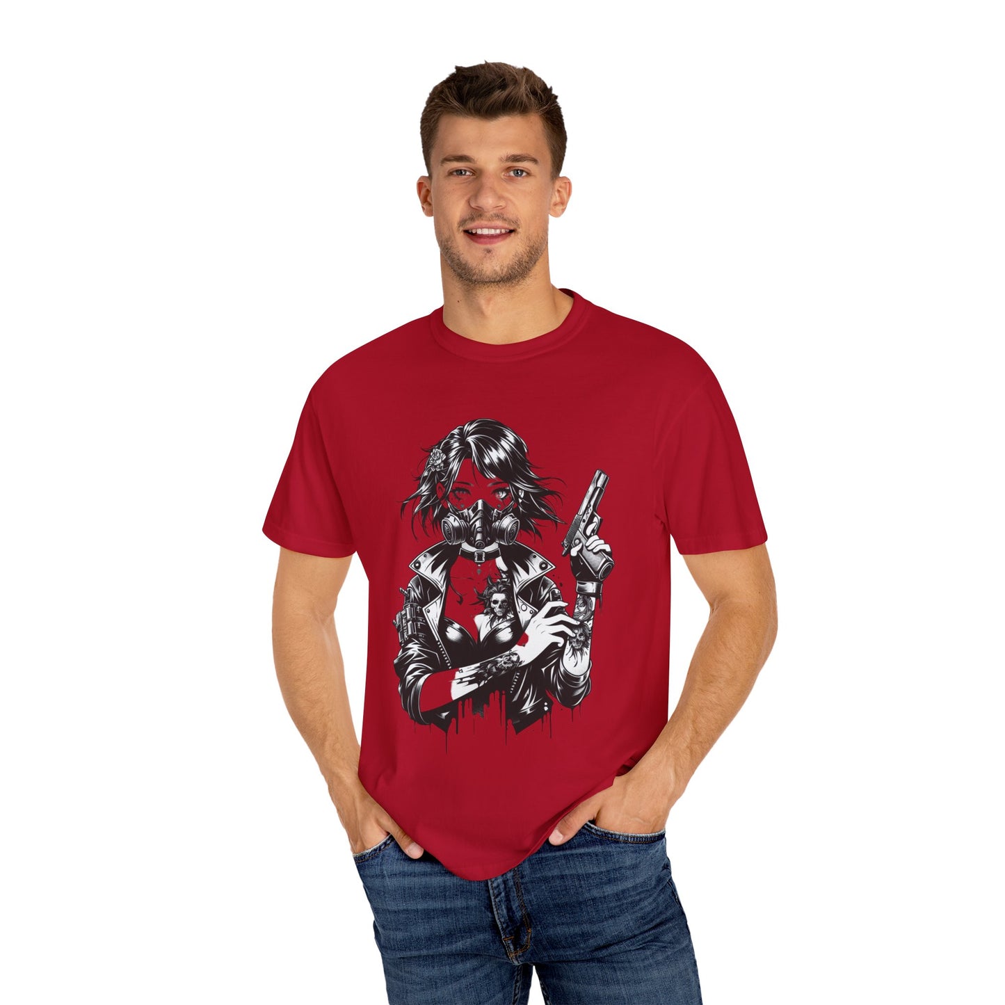 Edgy Graphic T-Shirt - Rebel Woman with Gun Design
