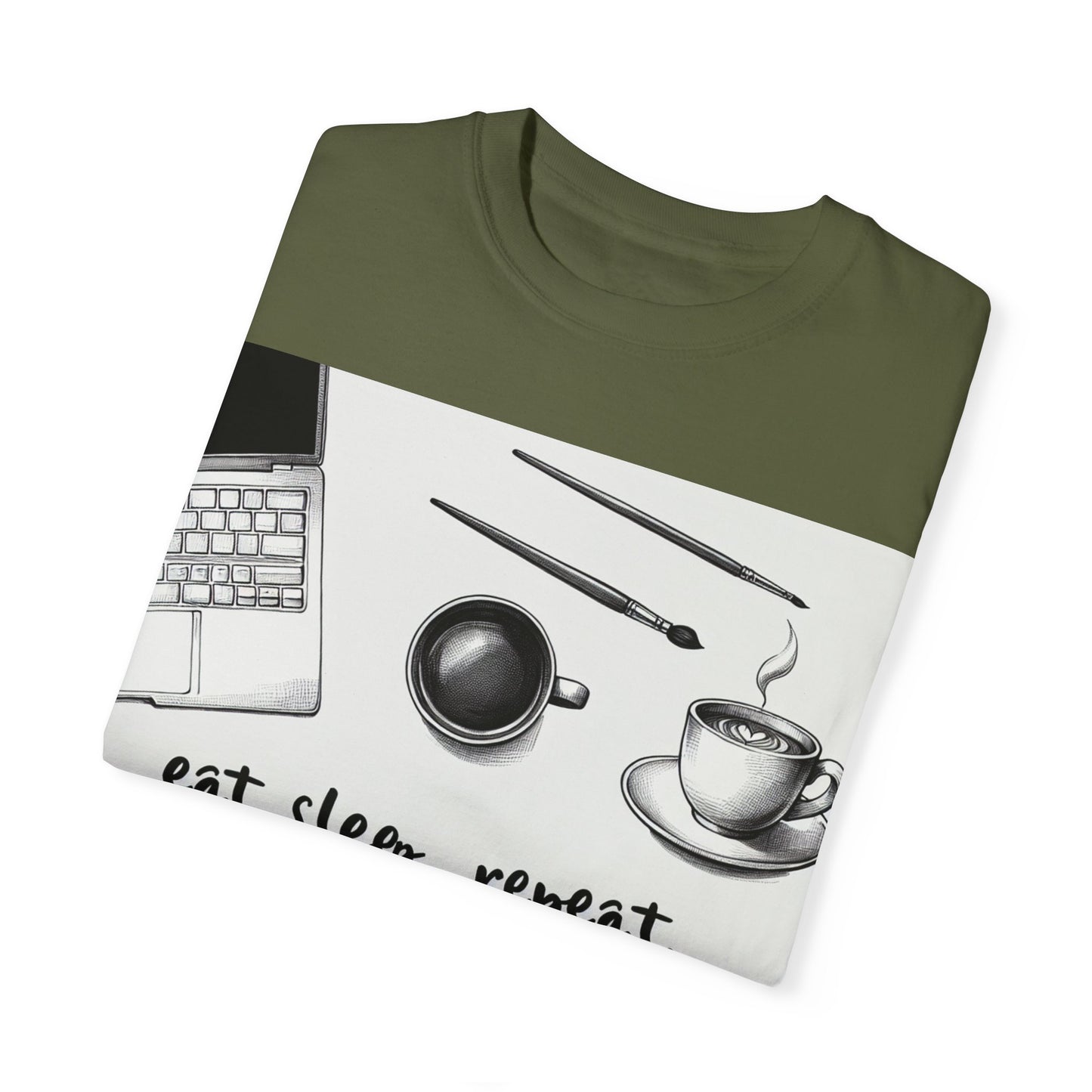 Unisex Garment-Dyed T-Shirt - Eat Sleep Repeat Coffee & Creativity Design