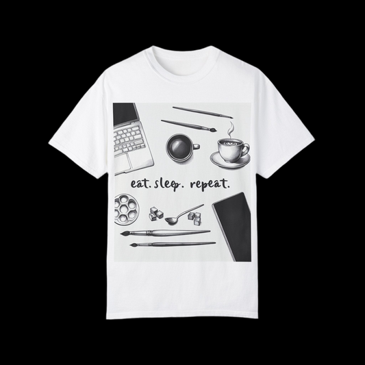 Unisex Garment-Dyed T-Shirt - Eat Sleep Repeat Coffee & Creativity Design