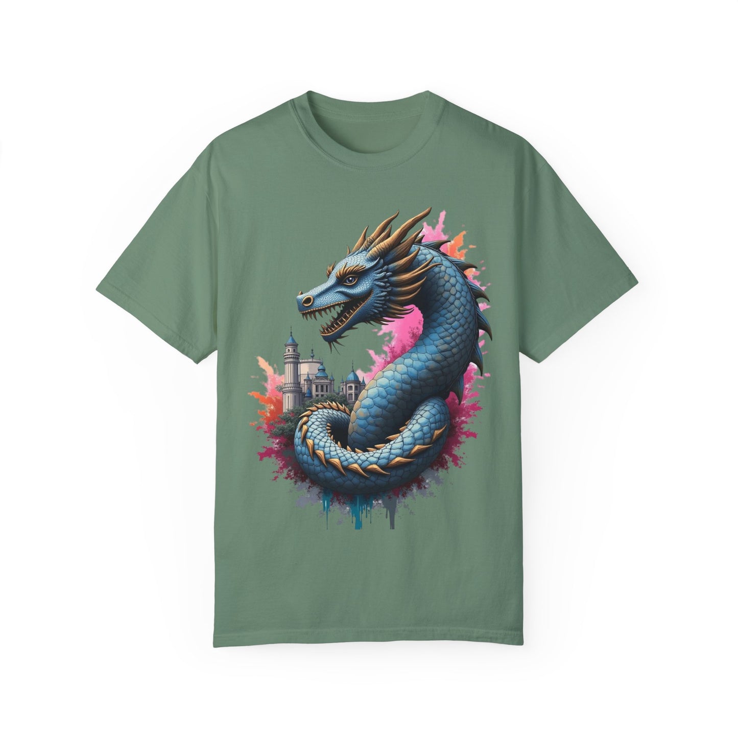 Fantasy Dragon Graphic Unisex T-Shirt - Colorful Castle Design