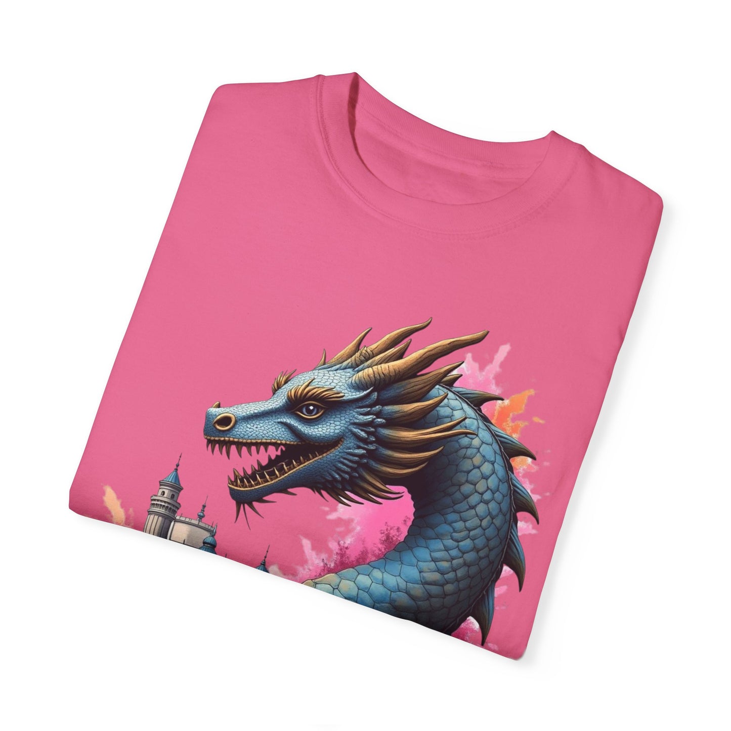 Fantasy Dragon Graphic Unisex T-Shirt - Colorful Castle Design