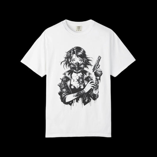 Edgy Graphic T-Shirt - Rebel Woman with Gun Design