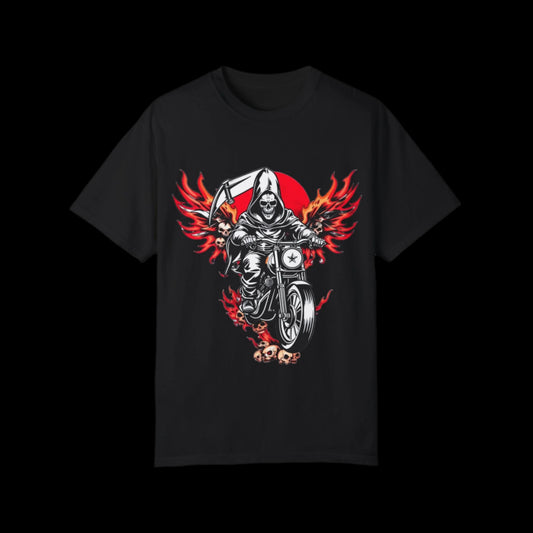 Unisex Motorcycle Grim Reaper T-Shirt - Bold Graphic Tee for Bikers and Rebels