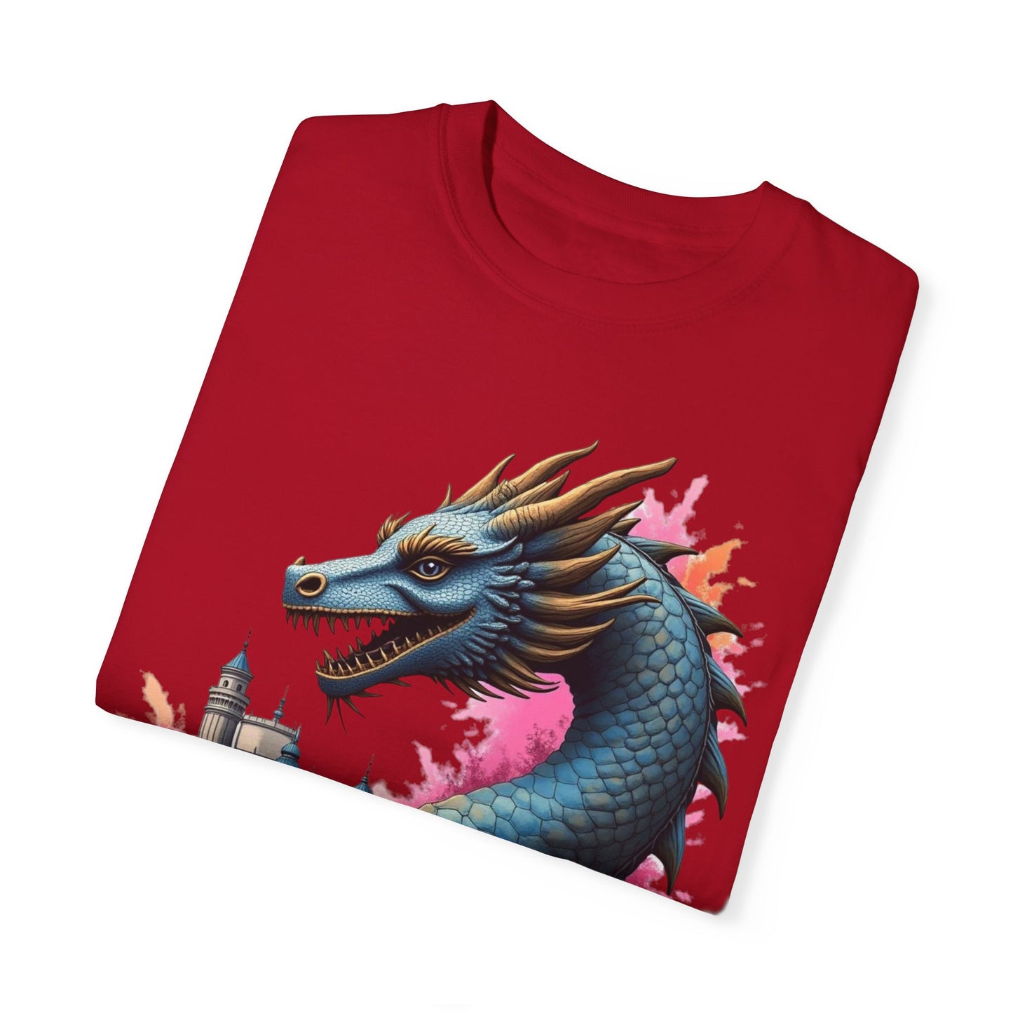 Fantasy Dragon Graphic Unisex T-Shirt - Colorful Castle Design