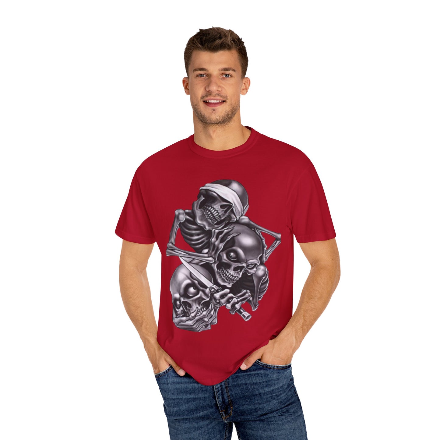 Unisex Garment-Dyed T-Shirt with Skull Design -hear no evil speak no evil see no evil- Edgy Streetwear for Halloween and Everyday