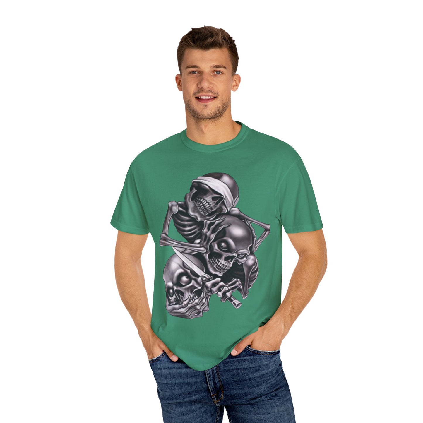 Unisex Garment-Dyed T-Shirt with Skull Design -hear no evil speak no evil see no evil- Edgy Streetwear for Halloween and Everyday