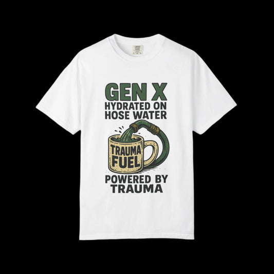 Gen X Trauma Fuel T-Shirt | Unisex Garment-Dyed Tee for Nostalgia Lovers | Gift for Gen Xers, Funny Vintage Shirt, Humorous Apparel