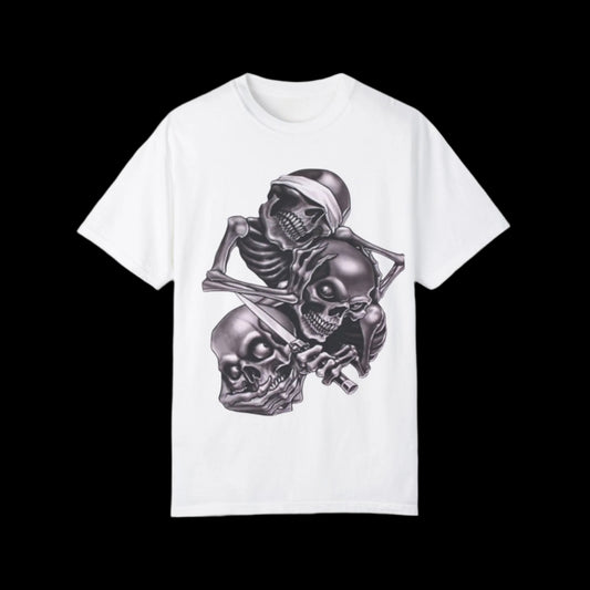 Unisex Garment-Dyed T-Shirt with Skull Design -hear no evil speak no evil see no evil- Edgy Streetwear for Halloween and Everyday