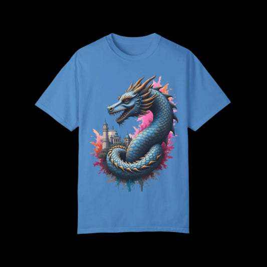 Fantasy Dragon Graphic Unisex T-Shirt - Colorful Castle Design